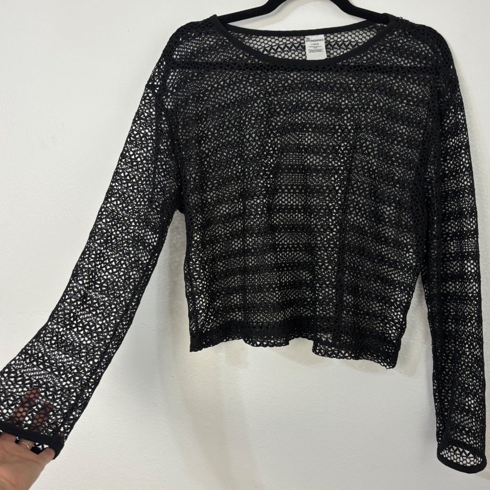 Black Mesh Crochet Knit Long Sleeve Top Grunge Goth Layering Boho Womens L 12-14